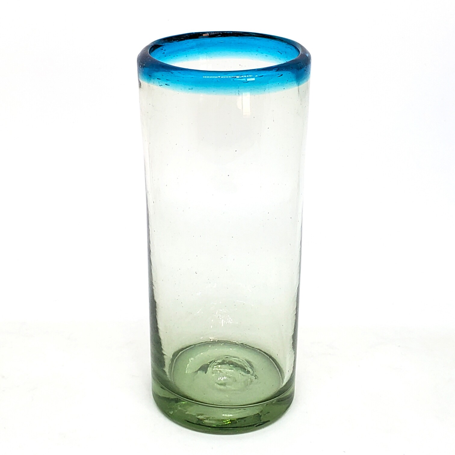 VIDRIO SOPLADO / Juego de 6 vasos tipo highball con borde azul aqua